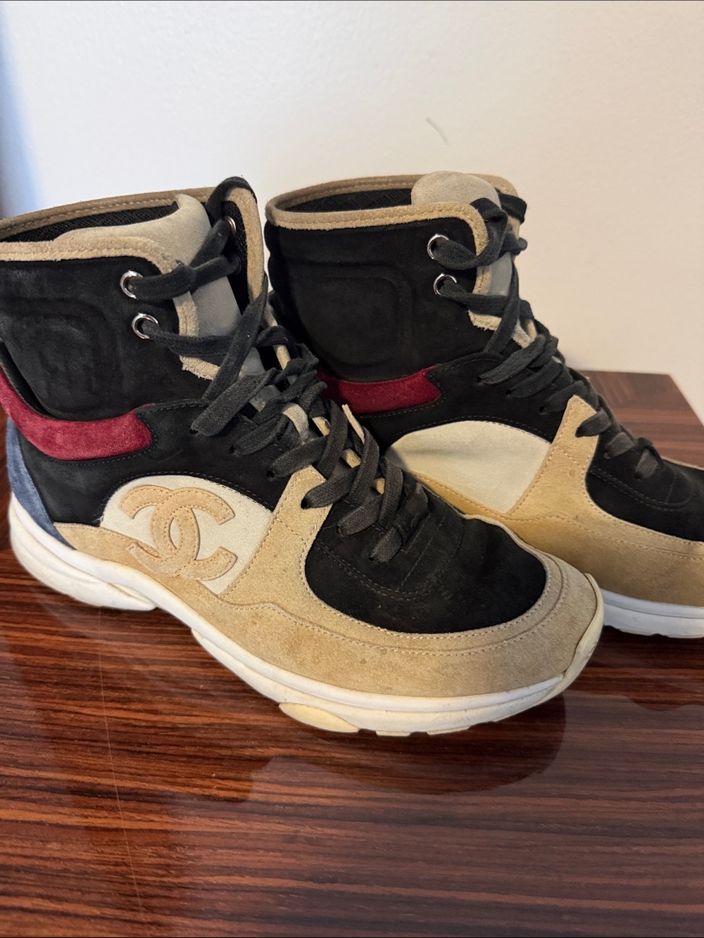 CHANEL Black Beige Red Suede High-Top Athletic Sneakers